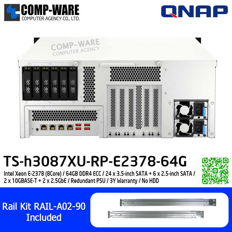 QNAP (4U 30-Bay) TS-h3087XU-RP-E2378-64G / Intel Xeon E-2378 (8Core) / 64GB DDR4 ECC / 24 x 3.5-inch SATA + 6 x 2.5-inch SATA / 2 x 10GBASE-T + 2 x 2.5GbE / Redundant PSU / 3Y Warranty / No HDD / Rail Kit RAIL-A02-90