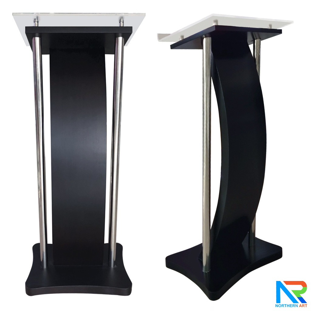 โพเดียมไม้ สีดำ ขนาด (W) 41 x (L) 50 x (H) 120 cm. พร้อมเสาสแตนเลสคู่ TOP เอียง อะคริลิคใส ติดหมุด