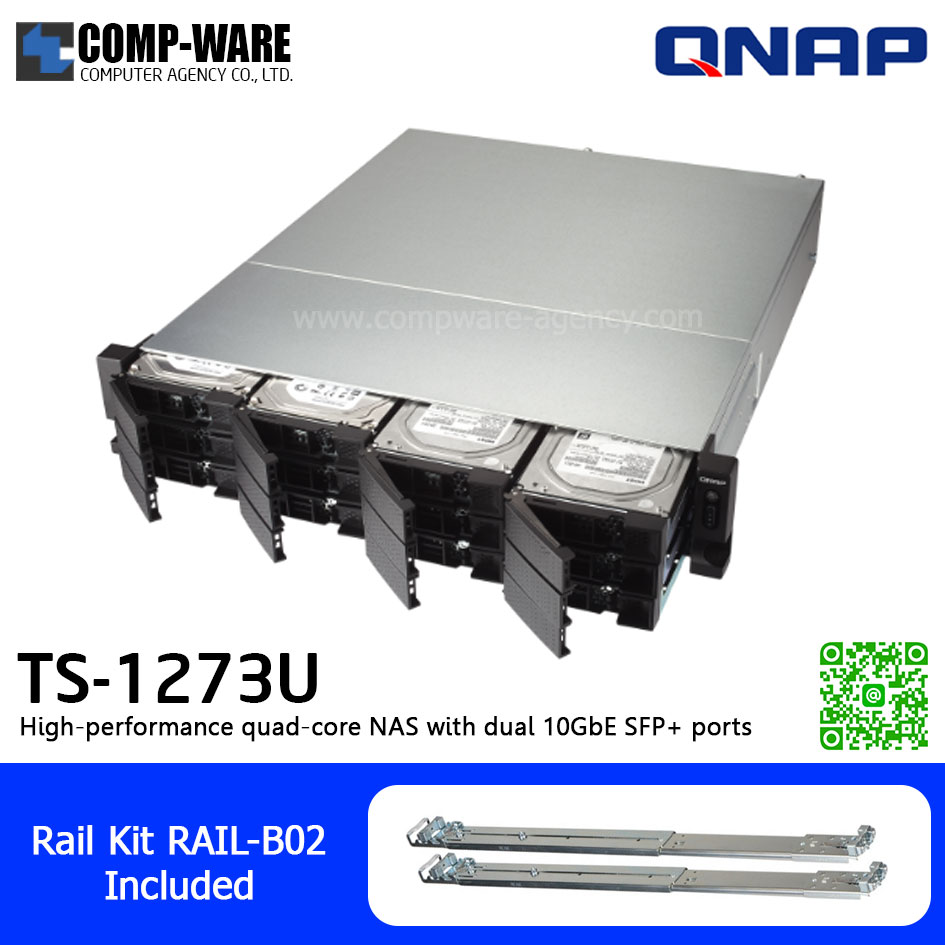 QNAP NAS (2U 12-Bay) TS-1273U-8G (8GB RAM up to 64GB) AMD R-Series RX-421ND , 2 x 10GbE SFP+ ,Single Power Supply w/Rail Kit RAIL-B02, No HDD