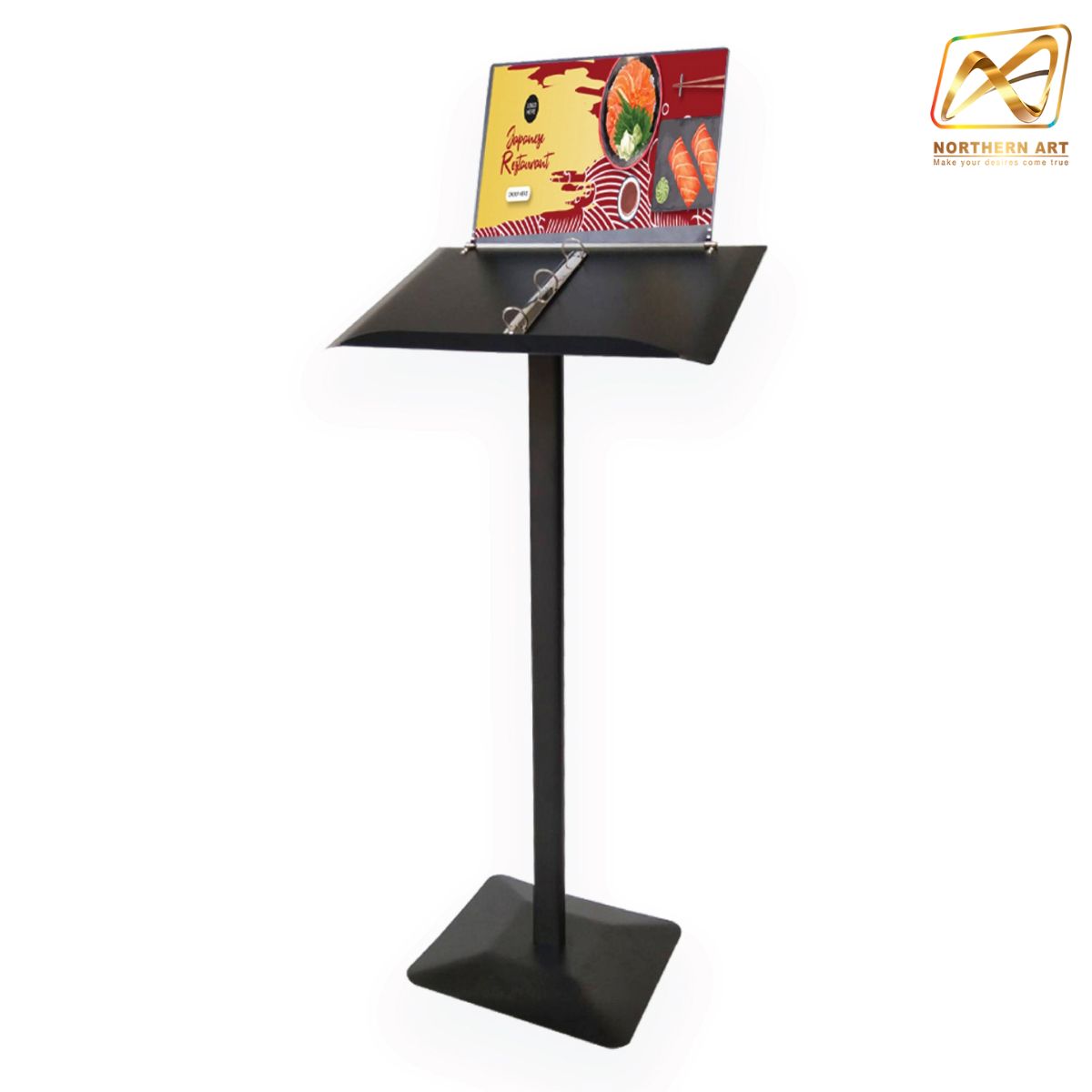 CLEARANCE SALE! เมนูสแตนด์เหล็ก ขนาด A3 พร้อมป้ายโปสเตอร์ด้านบนขนาดA4 พร้อมสันห่วงสแตนเลส (ถอดออกได้) มี2สี สีขาว และสีดำ