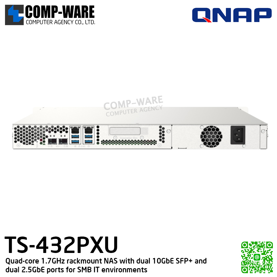QNAP (1U 4-Bay) TS-432PXU-2G / Annapurna Labs Alpine AL324 (4Core) / 2GB DDR4 UDIMM / 4 x 2.5"/3.5" SATA 6Gbps / 2 x 10GbE SFP+ + 2 x 2.5GbE / Single PSU / 3Y Warranty / No HDD / RAIL-B02