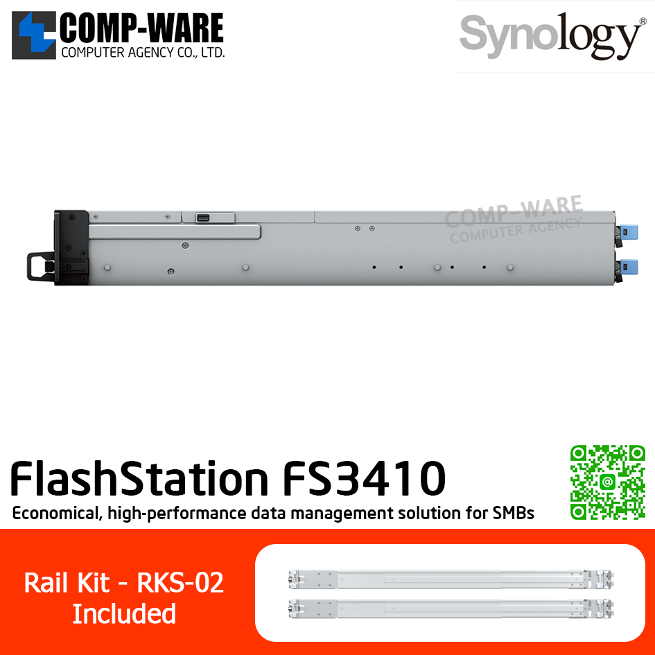 Synology FlashStation (2U 24-Bay 2.5'' SATA SSD) FS3410 / Intel Xeon D-1541 / 16GB DDR4 ECC RDIMM (Max. 128GB) / 4x1GbE Base T, 2x10GbE Base T / Redundant Power / Rail kit RKS-02 / No HDD / 5Y Warranty
