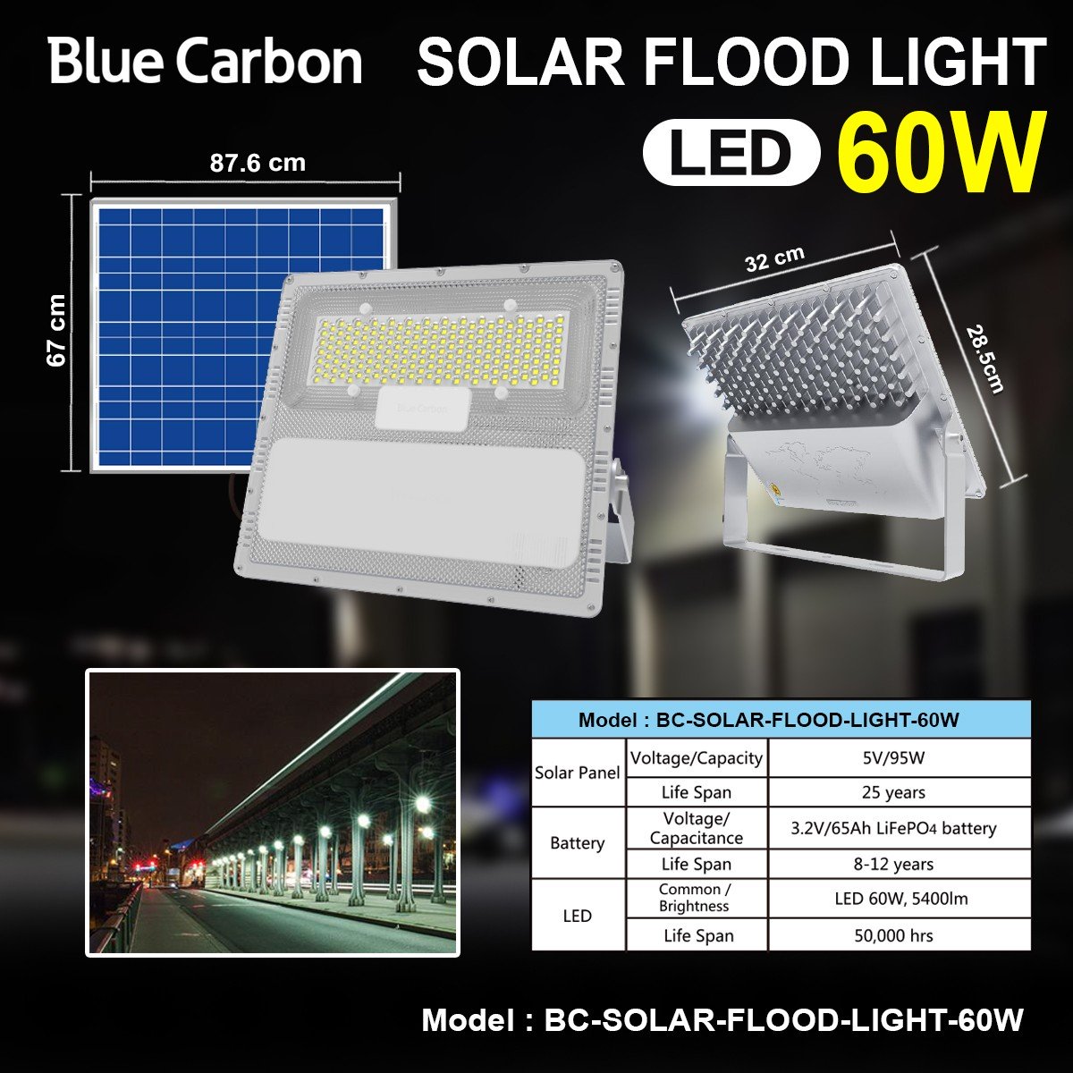 สปอร์ตไลท์ โซล่าเซลล์ BC-SOLAR-FLOOD-LIGHT-60W (สเปคแท้100%)
