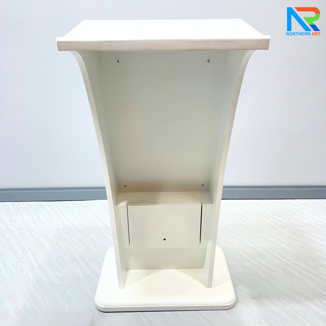 โพเดียมไม้ LED สีขาว ขนาด (W)55 x (L)45 x (H)112 cm. พร้อม LED CRYSTAL FRAME ด้านหน้า