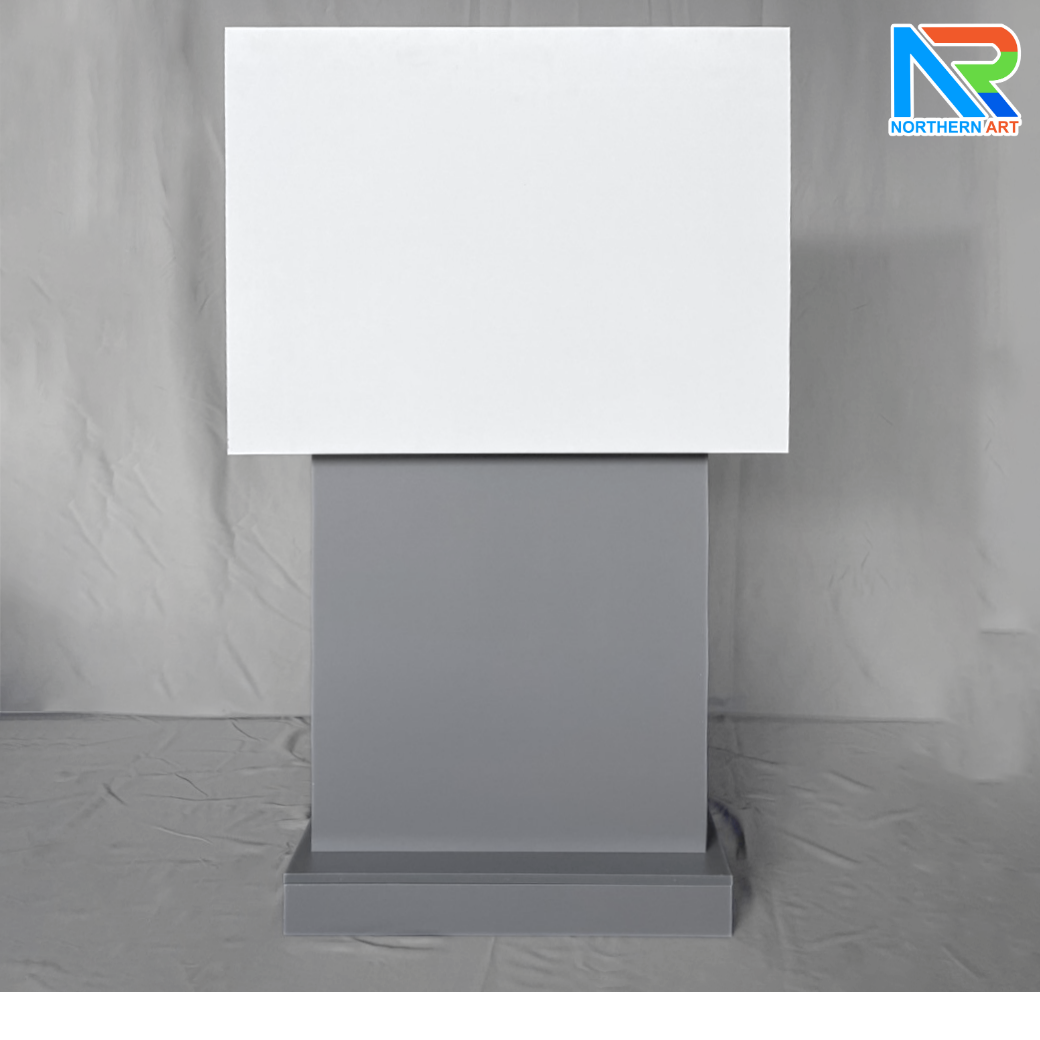 โพเดียมไม้MDF ทูโทน สีขาว และสีเทา ขนาด (W)73 x (L)54 x (H)117 cm. พร้อมชั้นวาง