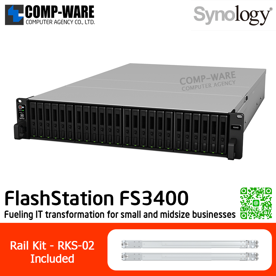 Synology FlashStation (2U 24-Bay 2.5'' SAS/SATA All-flash storage) FS3400 / Intel Xeon D-1541 / 16GB DDR4 RDIMM (Max. 128GB) / 4x1GbE Base T, 2x10GbE Base T / Redundant Power / Rail kit RKS-02 / No HDD / 5Y Warranty