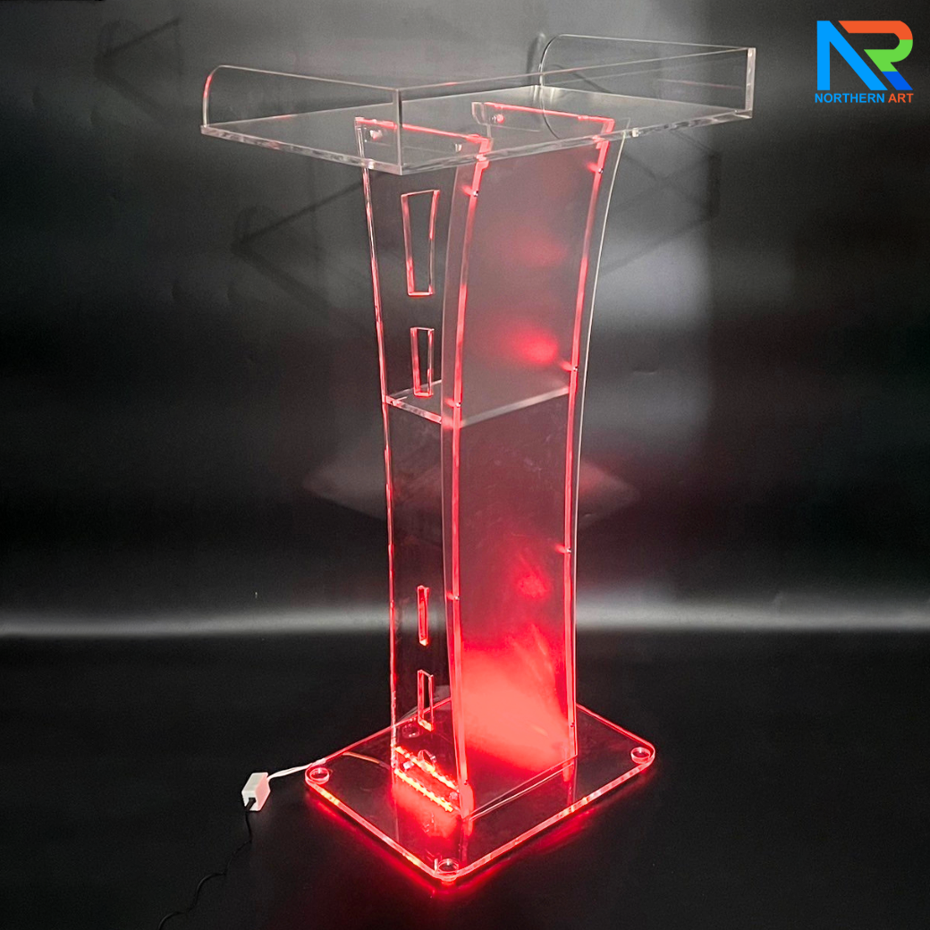 โพเดียมอะคริลิค เรืองแสงไฟ LED พร้อมรีโมทคอนโทรล รุ่น LED-05 ขนาด (W) 60 x (L) 42 x (H) 109 ซม.