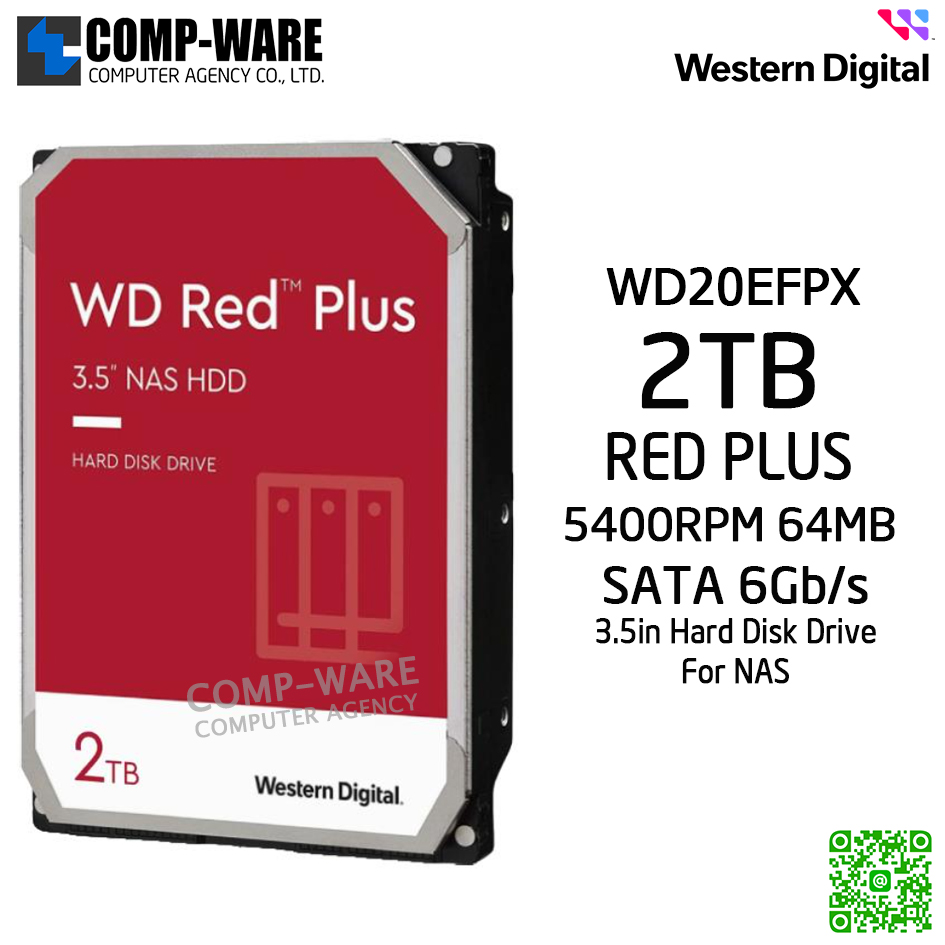 WD Red Plus 2TB NAS Hard Disk Drive - 5400RPM SATA 6Gb/s 64MB Cache 3.5Inch - WD20EFPX - 3Y Warranty