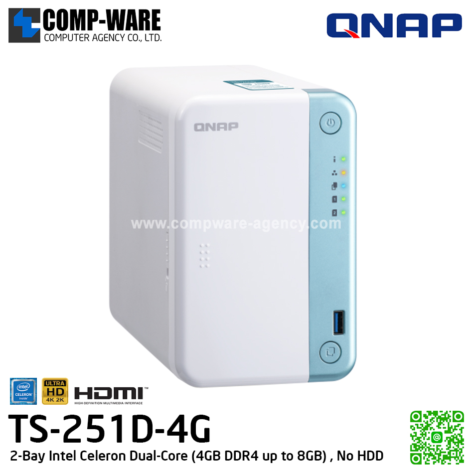 QNAP NAS (2-Bay) TS-251D (4GB DDR4 RAM up to 8GB) Intel Celeron J4005 Dual-Core HD Graphics 600, No HDD / TS-251D-4G