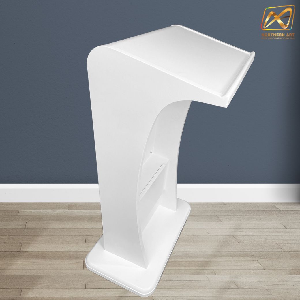 โพเดียมไม้ LED สีขาว ขนาด (W)55 x (L)45 x (H)112 cm. พร้อม LED CRYSTAL FRAME ด้านหน้า