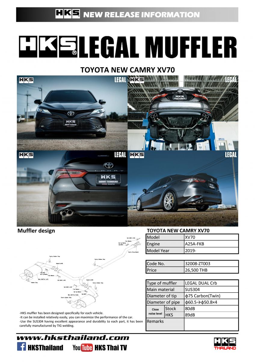 ท่อ HKS สำหรับ TOYOTA NEW CAMRY XV70
