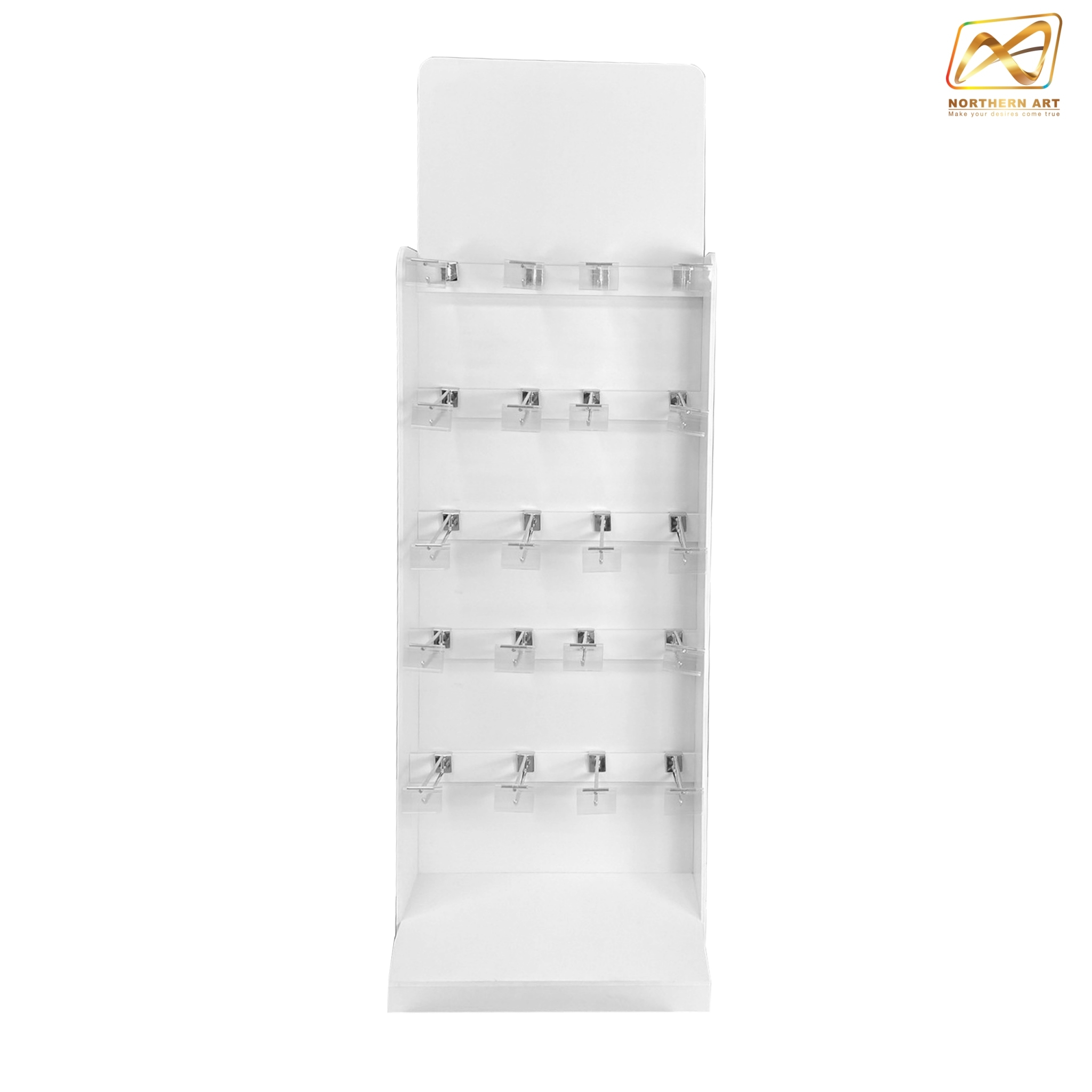 ชั้นวางสินค้าพลาสวูด รุ่น H05 ขนาด (W)50 x (D)35 x (H)155 ซม. พลาสวูดหนา 8 มม.พร้อมงานพิมพ์สติ๊กเกอร์ ( ราคาไม่รวมขอแขวนและป้ายราคา )