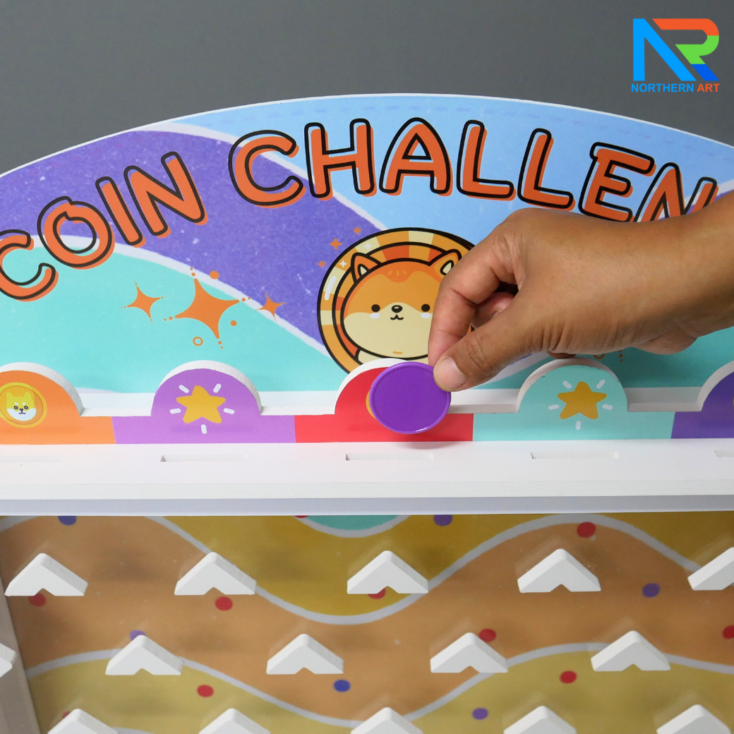 เช่าเกมส์หย่อนเหรียญตั้งโต๊ะ ขนาด (W)50 X (D)20 X (80) cm. วัสดุพลาสวูดหนา 8 มม. พร้อมเหรียญพลาสติกคละสี 10 เหรียญ