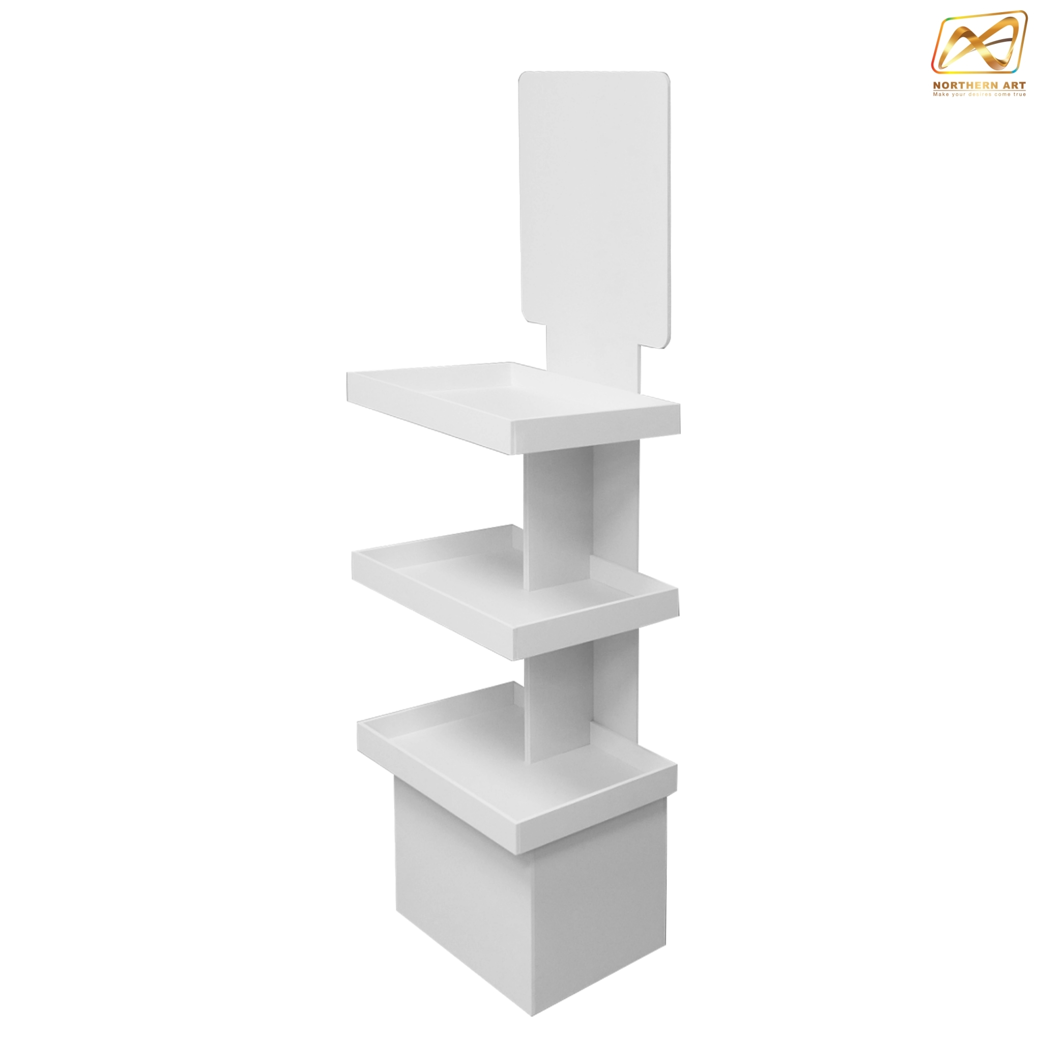 ชั้นวางสินค้าพลาสวูด 3 ชั้น ขนาด (W)40 x (D)31.6 x (H)150 ซม. พลาสวูดหนา 8 มม.พร้อมงานพิมพ์สติ๊กเกอร์