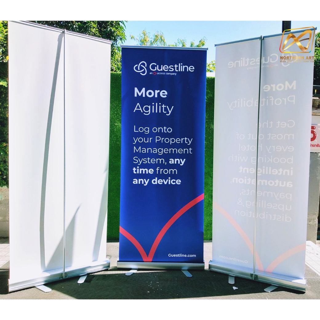 ROLL UP GRADE A โรลอัพ ขนาด 60x160 ซม. โครงสร้างอะลูมิเนียมทั้งชุด แข็งแรง ทนทาน ม้วนเก็บได้ พกพาสะดวก