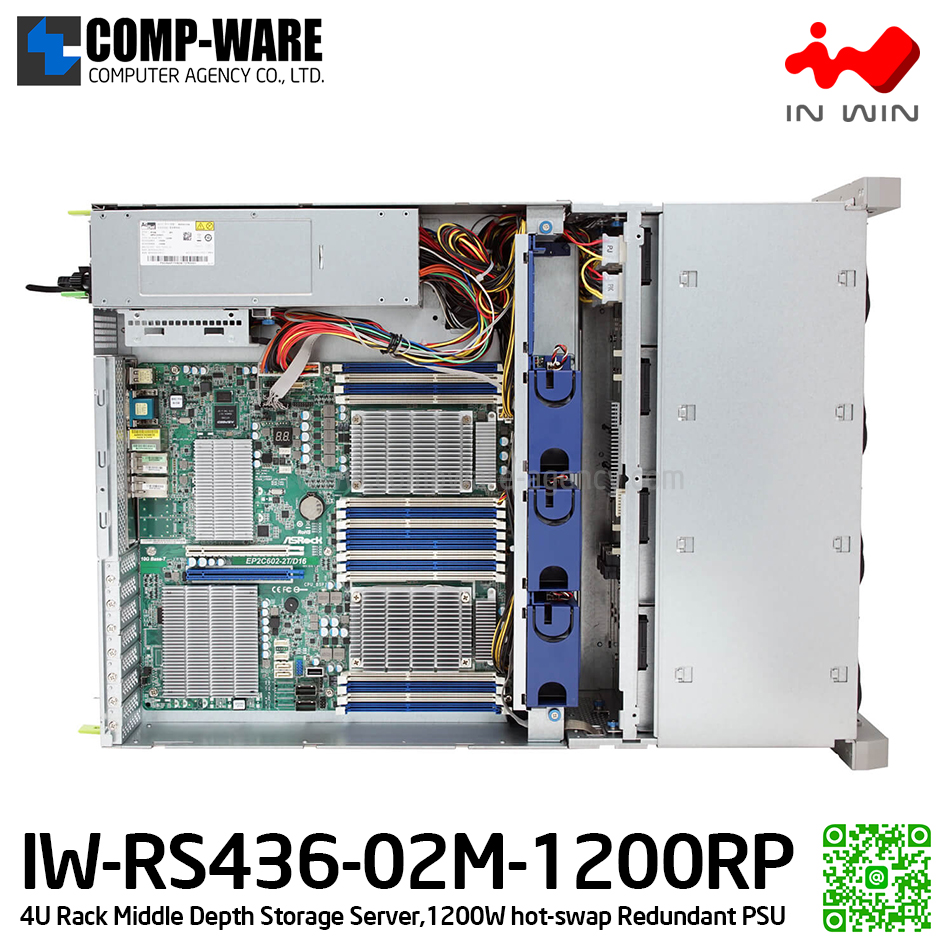 IN-WIN IW-RS436-02M-1200RP 4U Rackmount Middle Depth Storage Server, 1200W hot-swap Redundant Power Supply (เคสเปล่า+พาวเวอร์ซัพพลาย) รับประกัน 3ปี