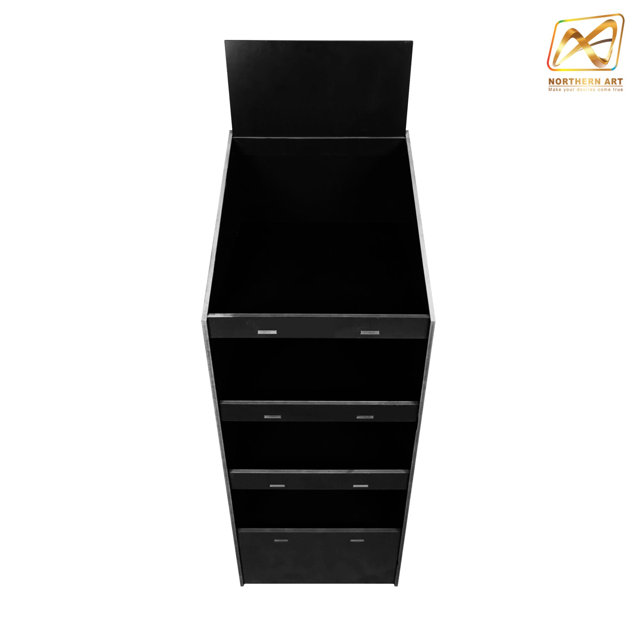 CLEARANCE SALE! ชั้นวางสินค้าพลาสวูด 4 ชั้น ขนาด (W)34 x (D)35.5 x (H)132 ซม. วัสดุพลาสวูดสีดำหนา 8 มม.ถอดประกอบได้