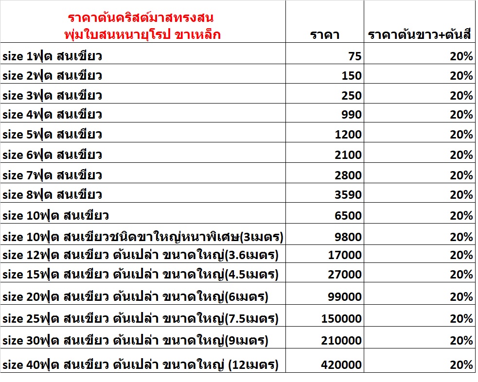 ตารางราคา ซื้อ ขายต้นคริสต์มาสปลอม ชนิดที่ไม่มีของตกแต่ง ราคาถูกสุดประทับใจ