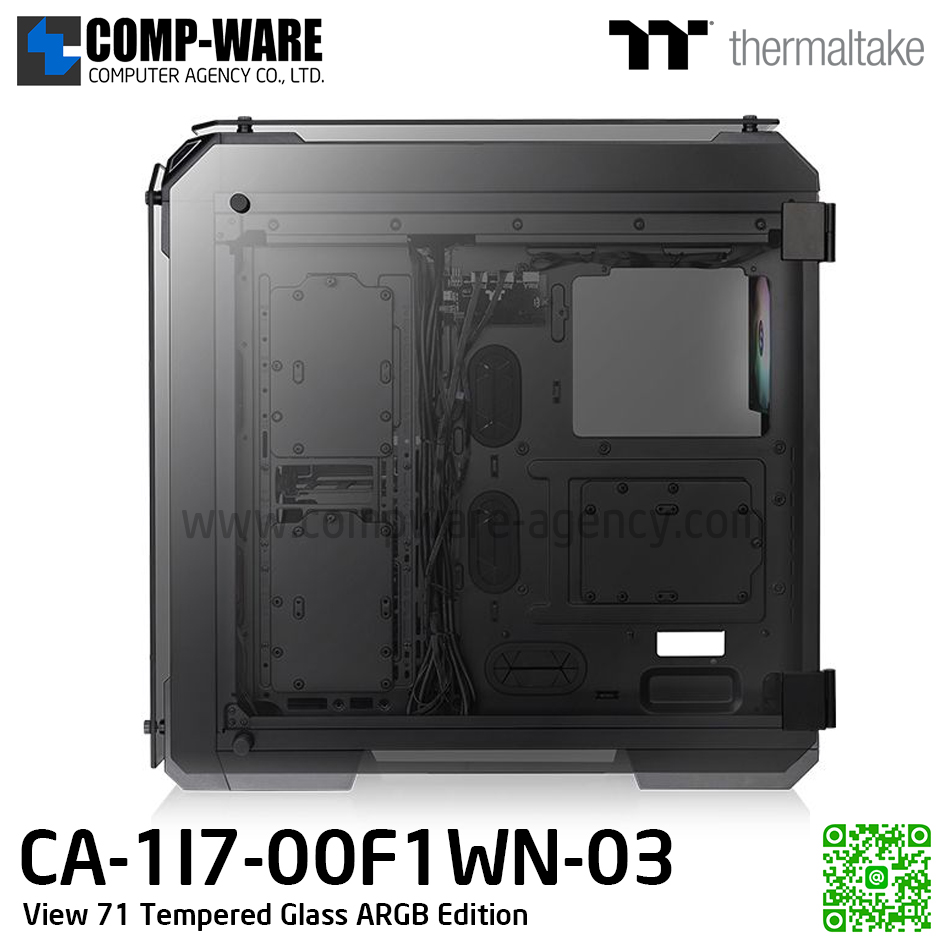 Thermaltake View 71 Tempered Glass ARGB Edition full tower case which comes with three pre-installed 140mm ARGB fans, built-in power cover, and can support motherboards up to E-ATX. CA-1I7-00F1WN-03