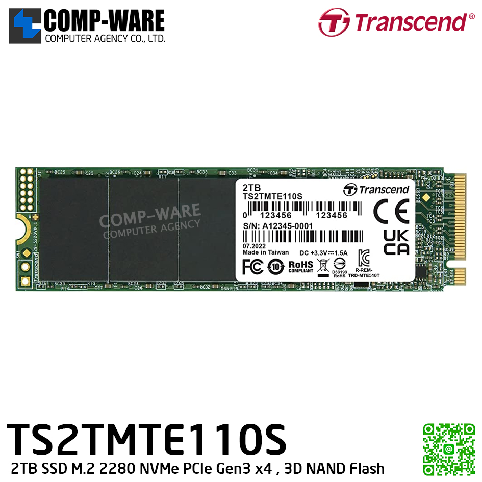 Transcend MTE110S 2TB SSD M.2 2280 NVMe PCIe Gen3 x4 , 3D NAND Flash TS2TMTE110S - 5Y Warranty
