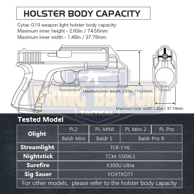ซองปืนพกนอกปลดนิ้วชี้ Glock17/19 ติดไฟฉาย ยี่ห้อ Cytac รุ่น Light Bearing Holster (ซองปืนพกนอก รุ่นG17/19ติดไฟฉายได้หลายรุ่น)