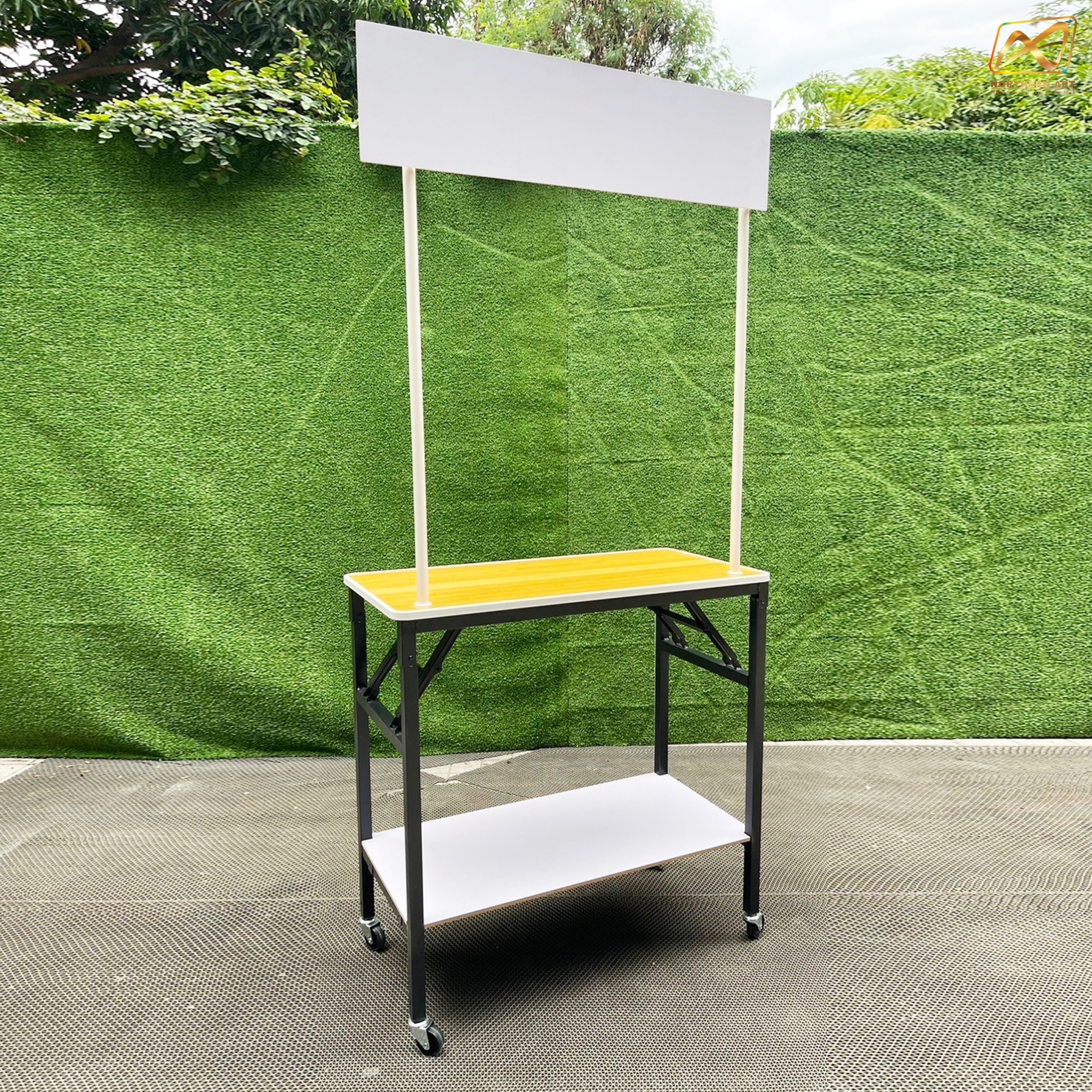 โต๊ะชงชิม TOPไม้ พร้อมล้อ ขนาด (W)80 X (D)40 X (H)170 cm. โครงเหล็กพับได้ มีชั้นวางของ แข็งแรง รับน้ำหนักได้ดี