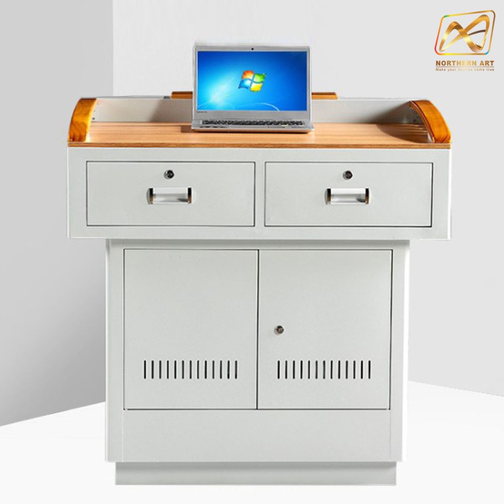 โพเดียมโรงเรียน โพเดียมเหล็ก โพเดียมอาจารย์ โพเดียมเลคเชอร์ ขนาด 100X70 cm.TOPไม้ พร้อมลิ้นชัก (สินค้าตัวโชว์)