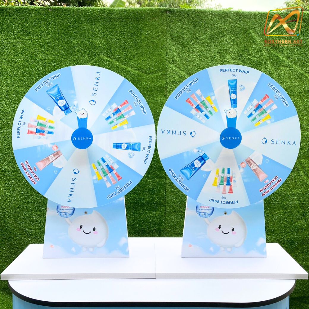 เกมส์วงล้อตั้งโต๊ะ ขนาดวงล้อ 40 ซม. สูง 56 ซม. วัสดุพลาสวูดสีขาว หนา 8-15 มม. ถอดประกอบได้