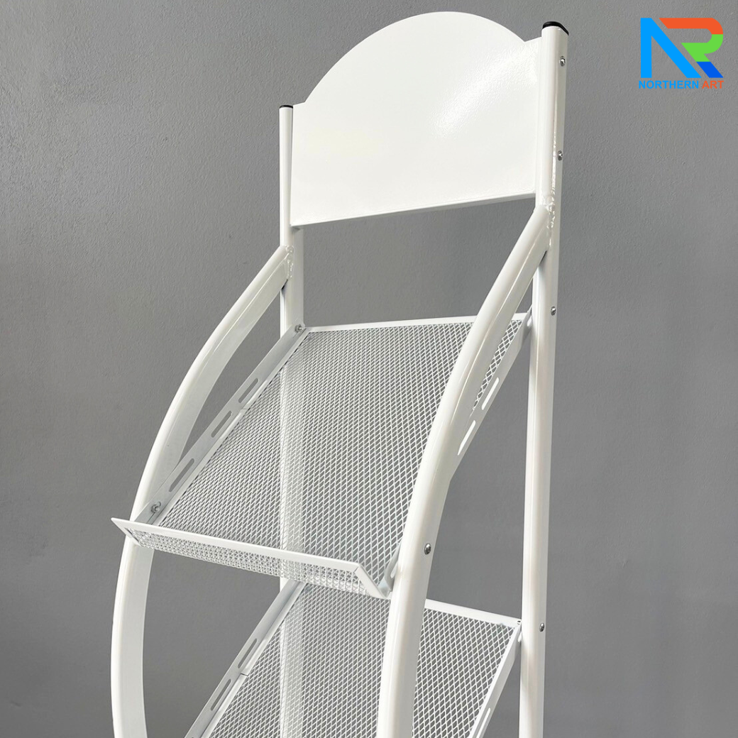 ชั้นวางโบรชัวร์เหล็กA4 สีขาว 4 ชั้น ทรง S ขนาด (W)31.5 X (L)31 X (H)149 cm. ถอดประกอบได้