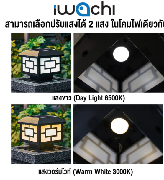 โคมไฟหัวเสา โซล่าเซลล์ IWC-SOLAR-LAWN-LIGHT-250W-WH+WW 2 แสง ขาวและวอมไวท์