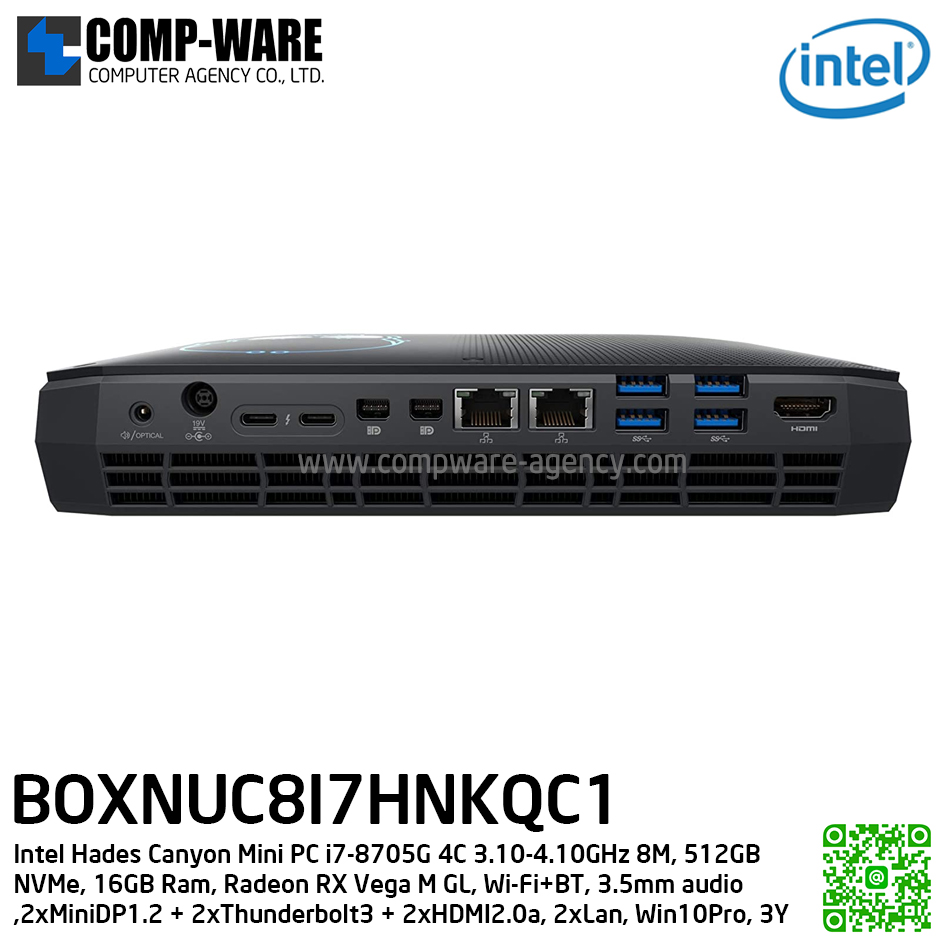 Intel NUC8I7HNKQC Mini PC NUC Kit - Intel Hades Canyon Mini PC i7-8705G 4C 3.10-4.10GHz 8M, 512GB NVMe, 16GB Ram, Radeon RX Vega M GL, 2xMiniDP1.2 + 2xThunderbolt3 + 2xHDMI2.0a, 2xLan, Wi-Fi+BT, 3.5mm audio, Win10Pro, 3Y