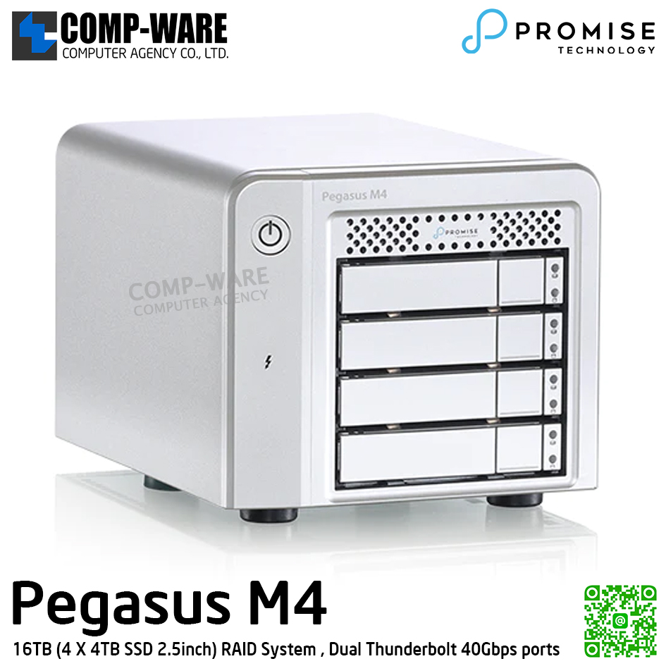Promise Pegasus M4 16TB (4 X 4TB SSD 2.5inch) RAID System , Dual Thunderbolt 40Gbps ports รับประกัน 3 ปี -