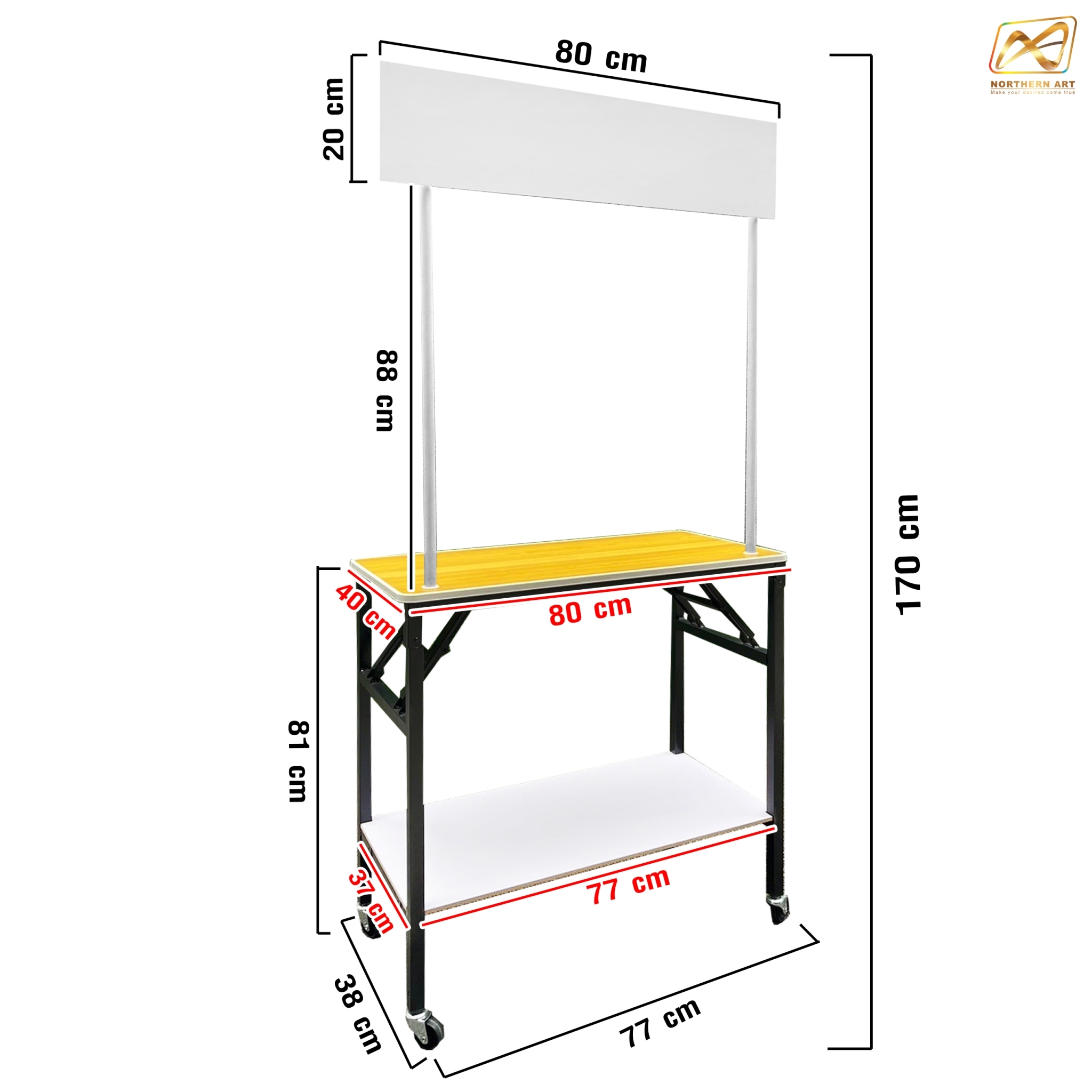 โต๊ะชงชิม TOPไม้ พร้อมล้อ ขนาด (W)80 X (D)40 X (H)170 cm. โครงเหล็กพับได้ มีชั้นวางของ แข็งแรง รับน้ำหนักได้ดี