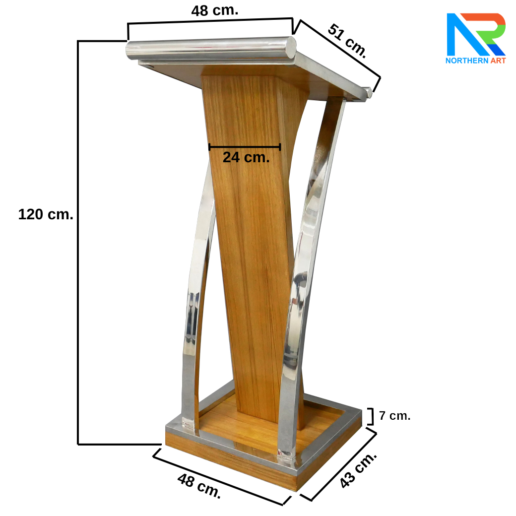 โพเดียมไม้จริง สีสัก PD-01 ขนาด (W)48 x (L)51 x (H)120 cm Top หุ้มสแตนเลส เกรด 304 แข็งแรงทนทาน พร้อมจัดส่งทั่วไทย