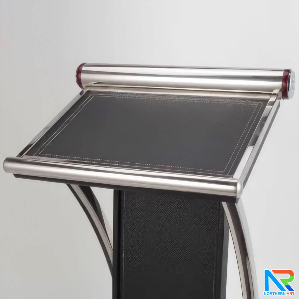 PODIUM โพเดียมไม้ MDF หุ้มหนังสีดำ ตกแต่งโค้งสแตนเลส ด้านข้าง Top และฐานหุ้มสแตนเลส