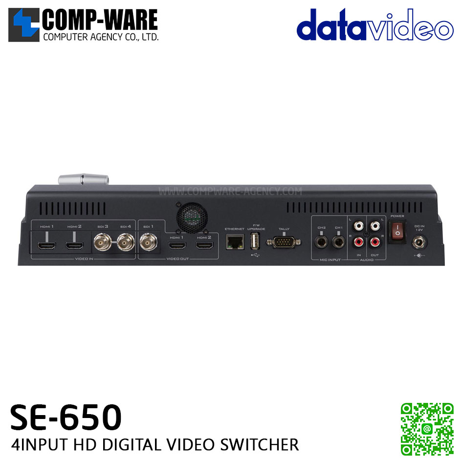 Datavideo 4 INPUT HD DIGITAL VIDEO SWITCHER SE-650 (ไม่รวมจอ) ขนาดเล็ก, คุ้มราคา, เป็นสวิทช์สลับสัญญาณวิดีโอ HD แบบมืออาชีพ รองรับสัญญาณ Input แบบ HD-SDI x 2 และ HDMI x 2 มาพร้อมกับคุณสมบัติ Chromakey, Luma key, PiP, wipe generator, still store และ tally.