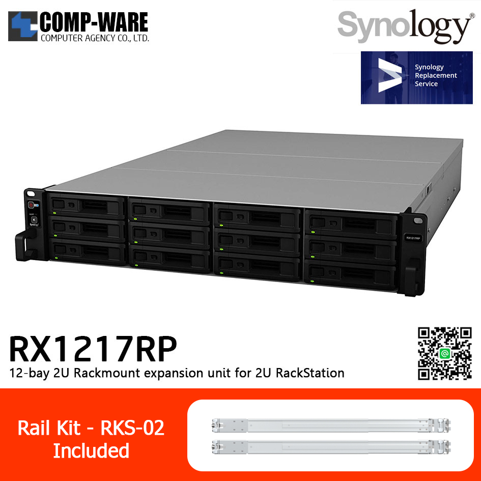 Synology Expansion Unit (2U 12-Bay) RX1217RP / Rail Kit RKS-02 / No HDD / 5 Year Warranty