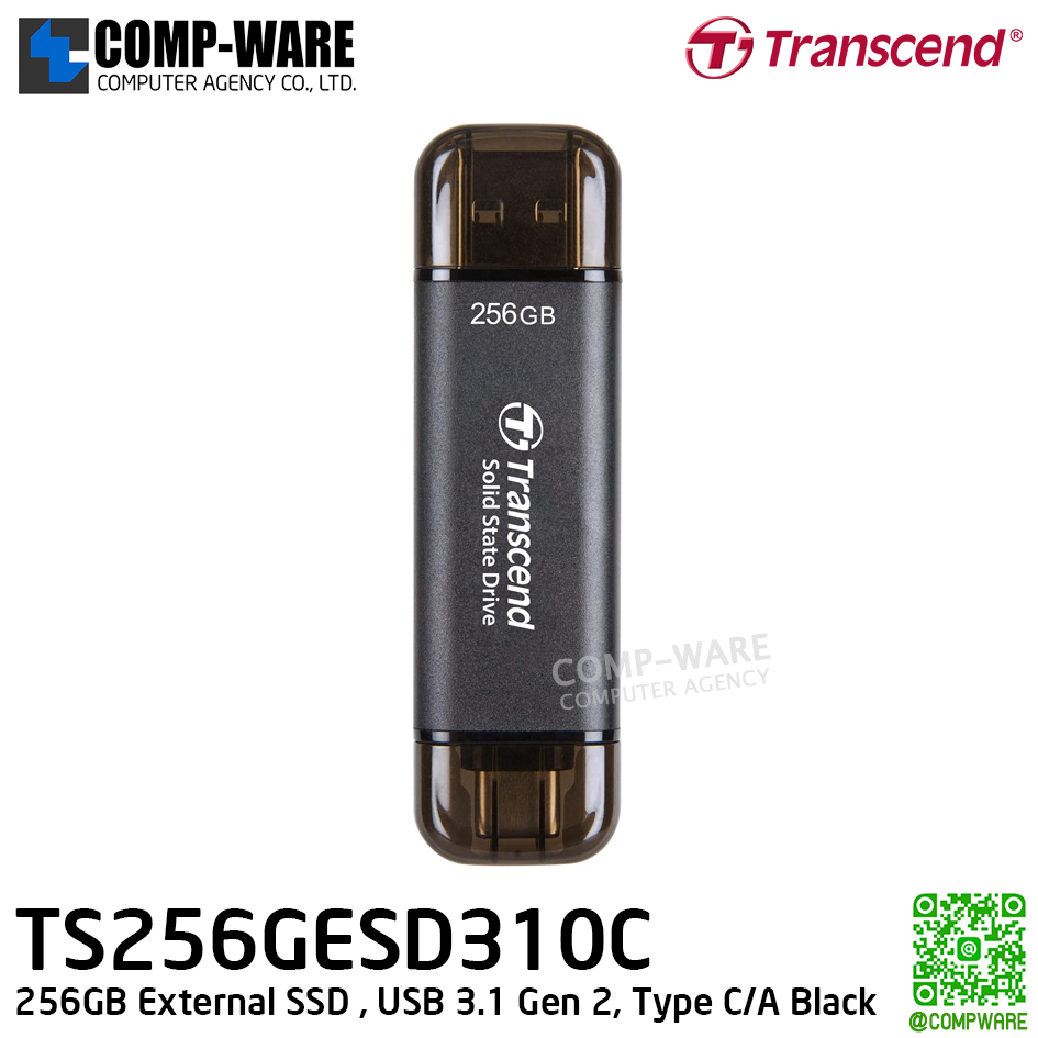 Transcend ESD310C 256GB External SSD , USB 3.1 Gen 2, Type C/A Black , TS256GESD310C - 5Y Warranty - Portable SSD