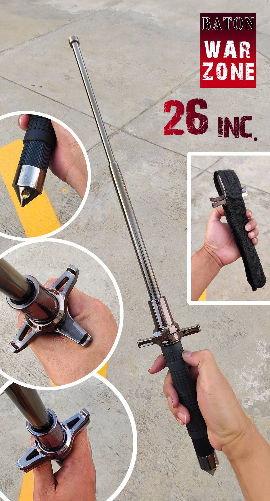 กระบอง BATON ชุด WARZONE กระบองเหล็กสะบัดเปิด Body ใหญ่เหล็กหนา มีขนาด 36" นิ้ว มีออฟชั่นเสริมเกราะกันข้อมือ สามารถกางออกแล้วเก็บได้ ท้ายมีหมดแหลมทุกกระแทกด้ามจับทำจากยางTPU ไม่เหนียว สัมผัสนุ่มกระชับมือ มาพร้อมซอง