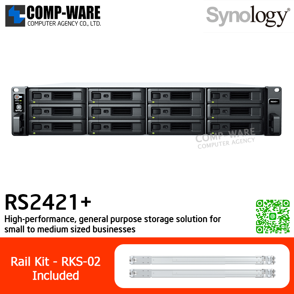 Synology RackStation (2U 12-Bay) RS2421+ / AMD Ryzen V1500B / 4GB DDR4 ECC (Max. 32GB) / 4x1GbE Base T, 25GbE/ 10GbE NIC & M.2 SATA SSD (Optional) / Rail kit RKS-02 / No HDD / 3Y Warranty