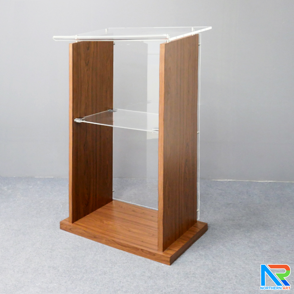 โพเดียมไม้ TOPอะคริลิคใส ปิดผิวลามิเนตลายไม้ สี WALNUT ขนาด (W)70 x (D)54 x (H)119 cm. พร้อมชั้นวางของอะคริลิคใส