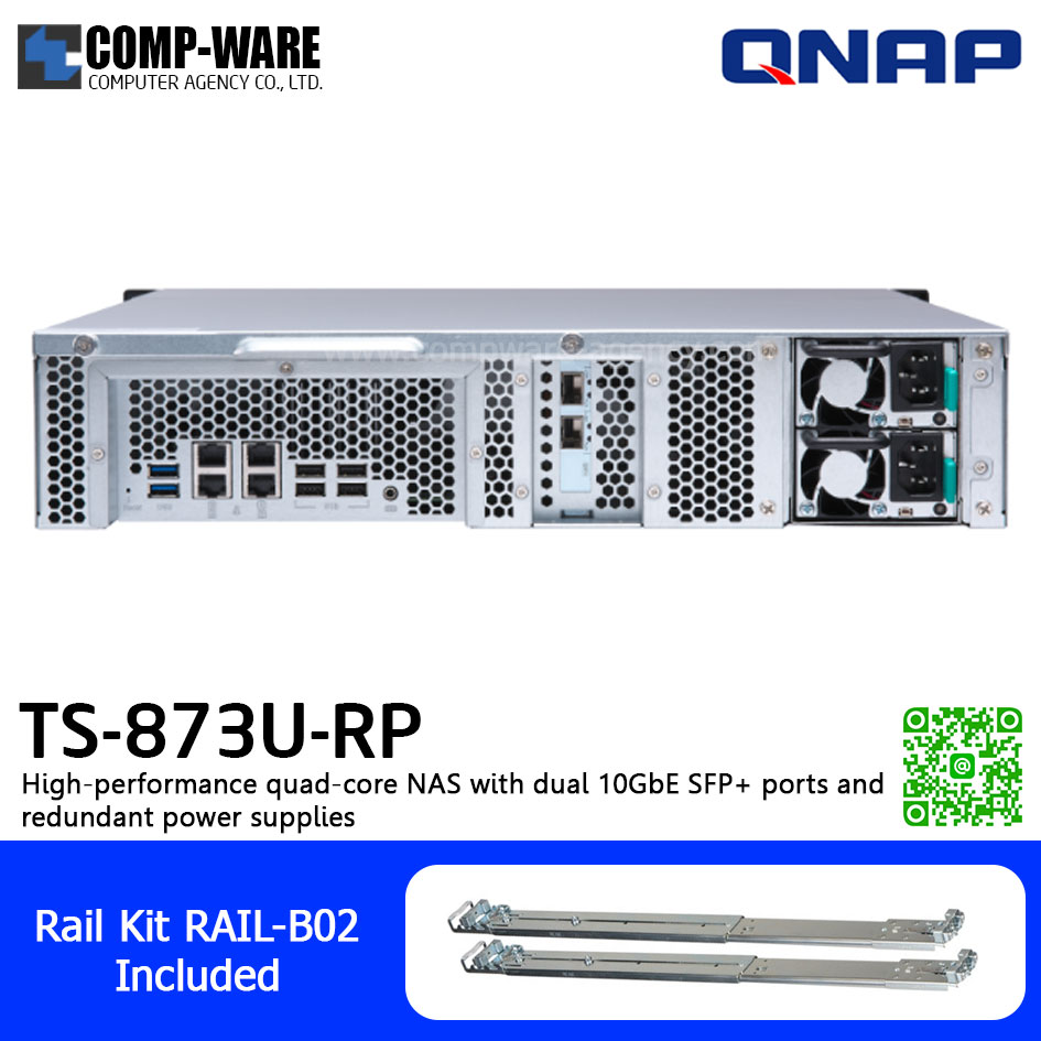 QNAP NAS (2U 8-Bay) TS-873U-RP-8G (8GB RAM up to 64GB) AMD R-Series RX-421ND , 2 x 10GbE SFP+ ,Redundant Power Supply w/Rail Kit RAIL-B02, No HDD