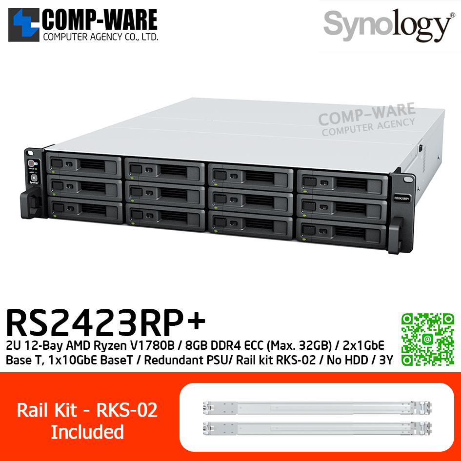 Synology RackStation (2U 12-Bay) RS2423RP+ / AMD Ryzen V1780B / 8GB DDR4 ECC (Max. 32GB) / 2x1GbE Base T, 1x10GbE Base T / Redundant Power Supply / Rail kit RKS-02 / No HDD / 3Y Warranty