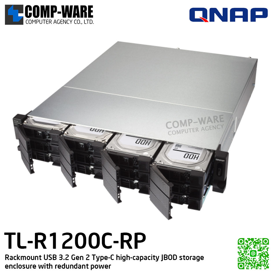 QNAP (2U 12-Bay) TL-R1200C-RP / 12 x 2.5"/3.5" SATA 6Gbps / Redundant PSU / 3Y Warranty / No HDD / Rail Kit RAIL-B02 - Expansion Enclosure