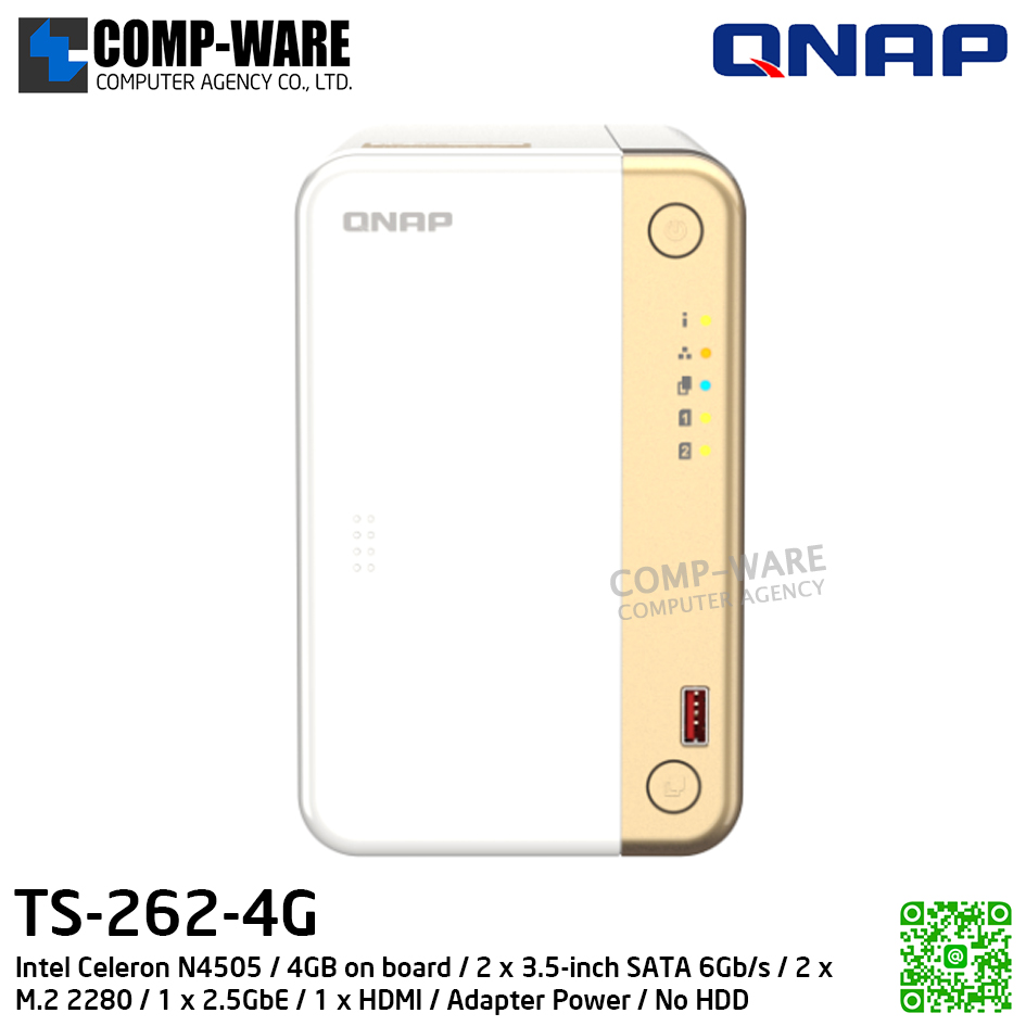 QNAP (Tower 2-Bay) TS-262-4G / Intel Celeron N4505 / 4GB on board / 2 x 3.5-inch SATA 6Gb/s / 2 x M.2 2280 / 1 x 2.5GbE / 1 x HDMI / Adapter Power / 2Y Warranty / No HDD
