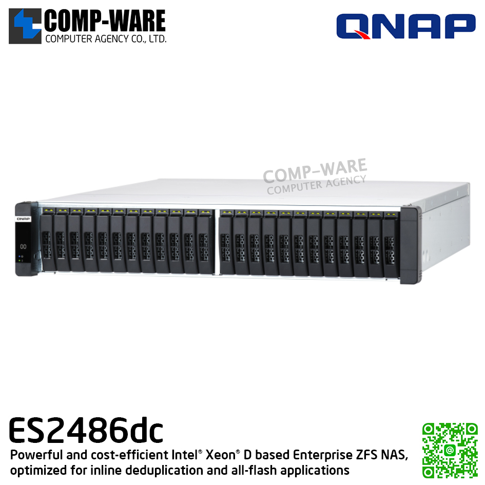 QNAP (2U 24-Bay) ES2486dc-2142IT-96G / Intel Xeon D-2142IT (8-Core) / 96GB DDR4 / 24 x 2.5" SAS 12Gbps / 3 x Gigabit LAN / 4 x 10G-bE SFP+ / Redundant PSU / 5Y Warranty / No HDD / Rail Kit RAIL-E02
