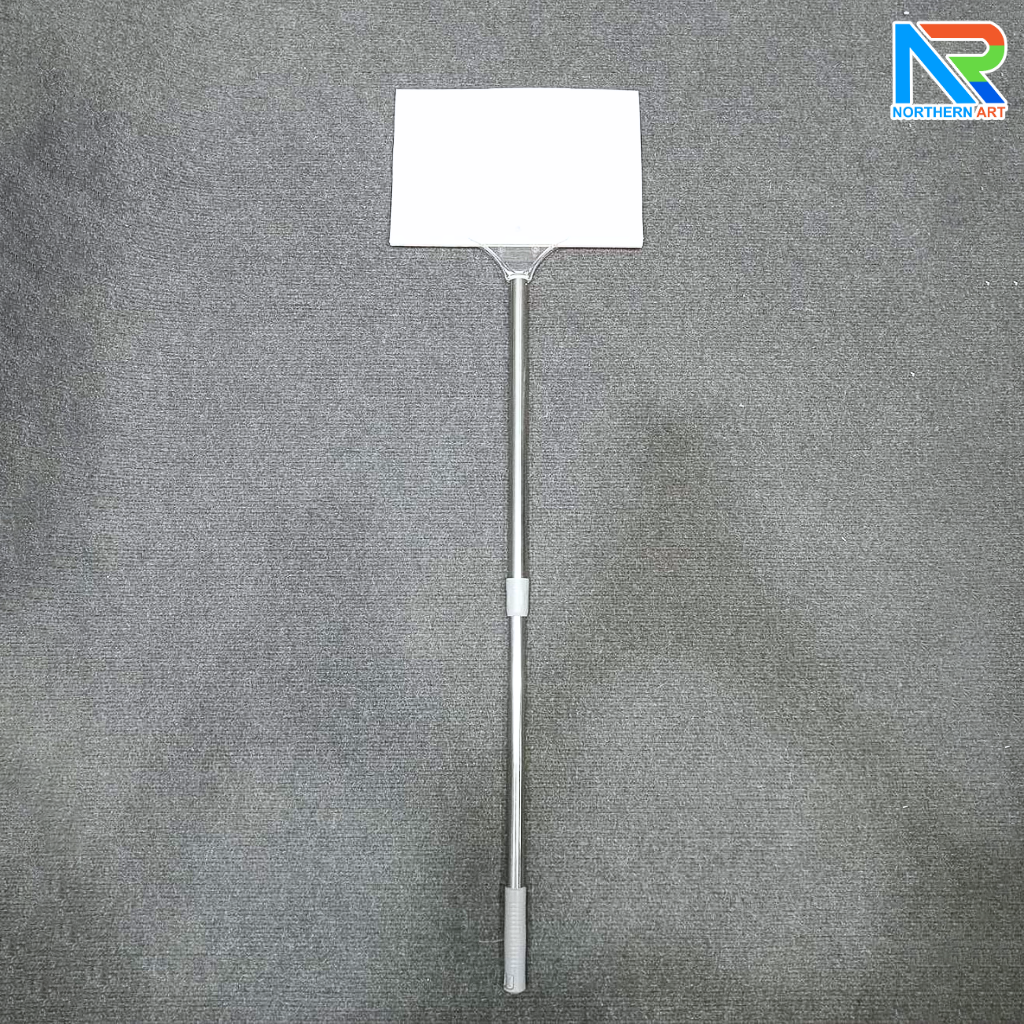 ป้ายทรูปมือถือ ด้ามถือแสตนเลส ปรับระดับได้ ตั้งแต่ 58-86 cm. ร่องสอดกว้าง 5 mm.