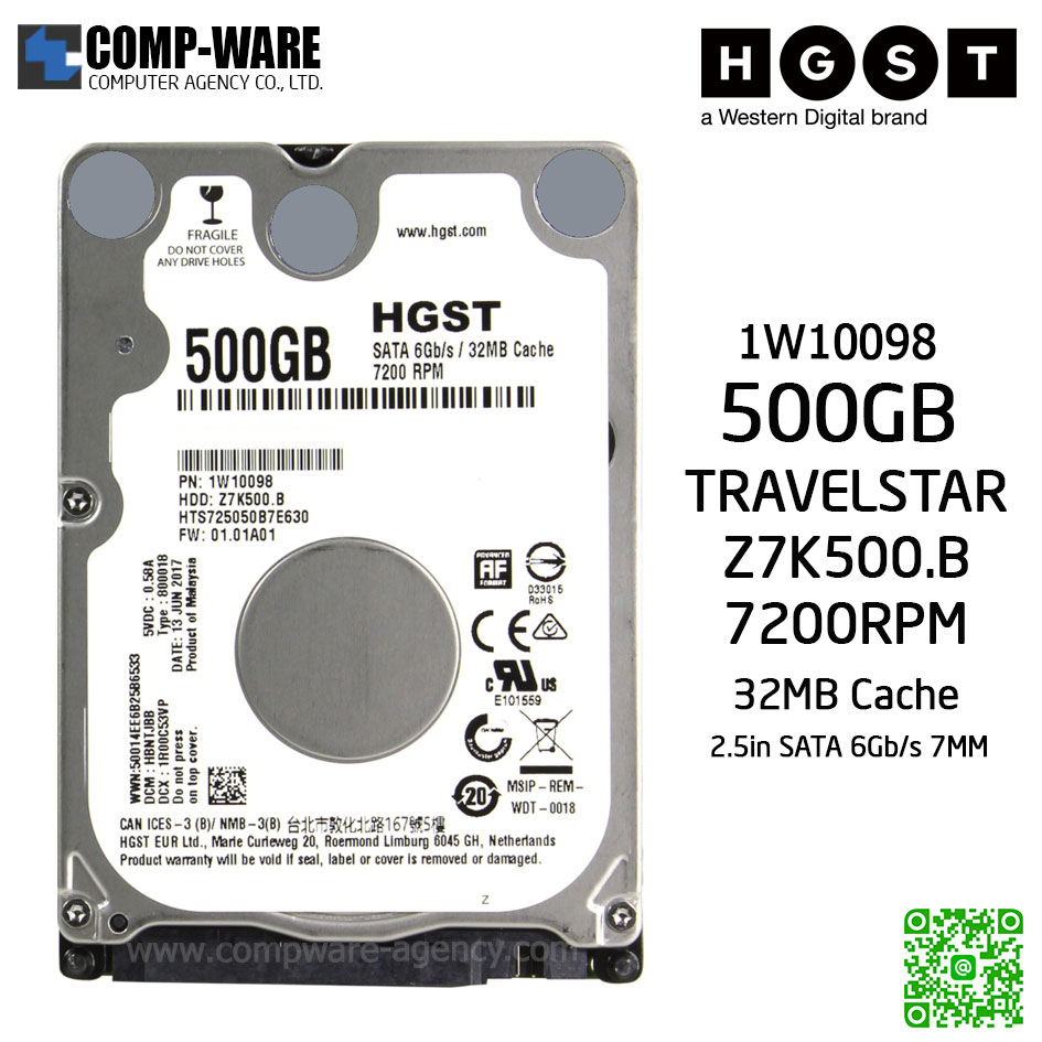 WD HGST Travelstar Z7K500.B 500GB 2.5" SATA 6Gb/s 7200rpm 32MB Cache Notebook Hard Drive - 1W10098
