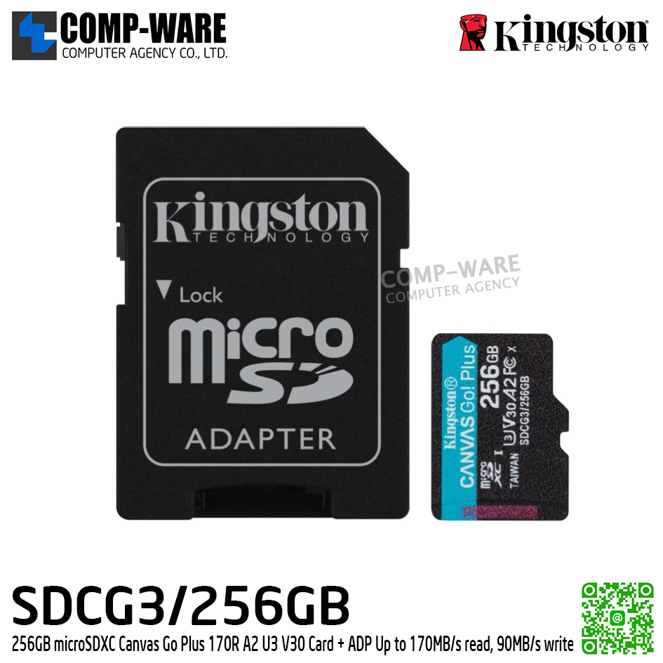 Kingston 256GB microSDXC Canvas Go Plus 170R A2 U3 V30 Card + ADP Up to 170MB/s read, 90MB/s write - SDCG3/256GB - Class 10