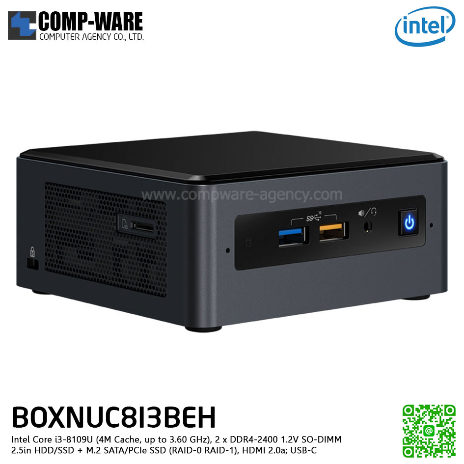 Intel NUC8I3BEH Mini PC NUC Tall Kit - Intel Core i3-8109U (4M Cache, up to 3.60 GHz), 2 x DDR4-2400 1.2V SO-DIMM, 2.5" HDD/SSD + M.2 SATA/PCIe SSD (RAID-0 RAID-1), HDMI 2.0a; USB-C (DP1.2) BOXNUC8I3BEH1